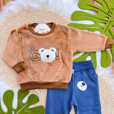 Conj. Casaco de Pelinho Let's Go e Calça de Moletom Ursinho - Marrom e Azul Jeans